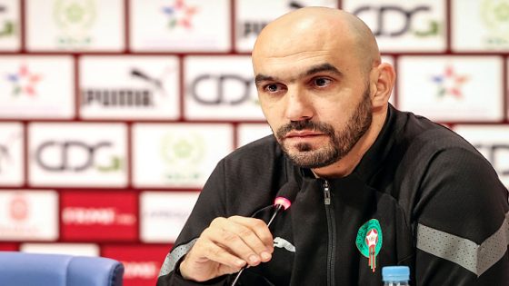 Morocco's coach Walid Regragui speaks to the press in Sale on March 13, 2023, to announce the squad list for the upcoming friendly games. (Photo by FADEL SENNA / AFP) (Photo by FADEL SENNA/AFP via Getty Images)