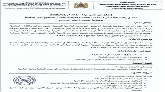 السمارة تطرح عقارات فلاحية مجهزة أمام التعاونيات لدعم الاستثمار والإنتاج.